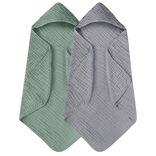 Cotton Baby Bath Towel Dark Green and Grey with Hood