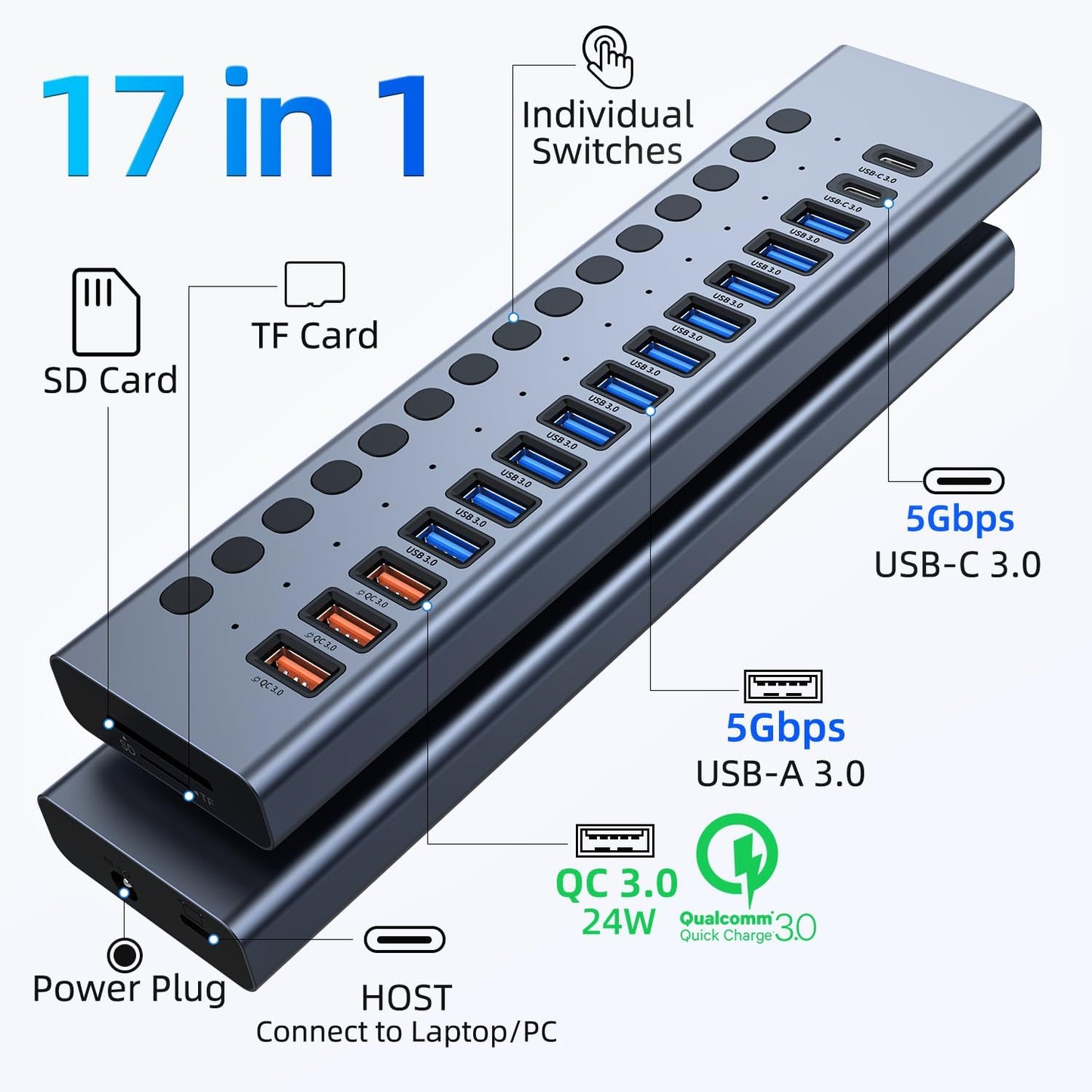 VANGREE 17-Port 90W USB 3.0 Hub with Individual Power Switches